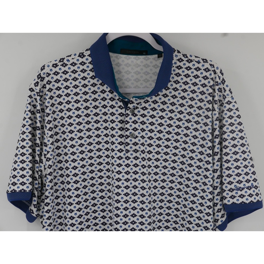 Greyson Polo Shirt White Geometric Wolf Print Jersey Golf Short Sleeve Men's XL